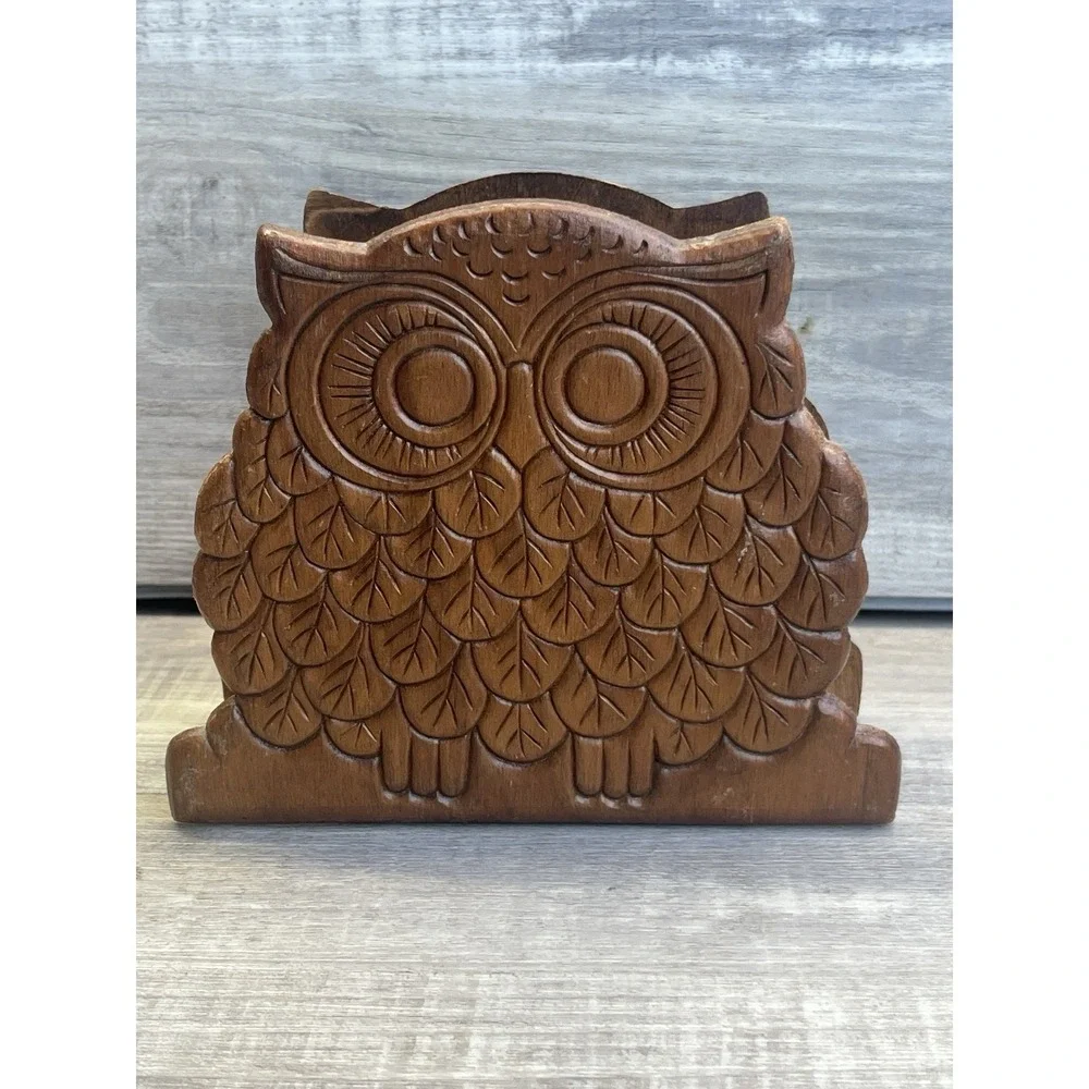 Wooden Owl Napkin Letter Holder Vintage 70s Retro MCM Carved Wood